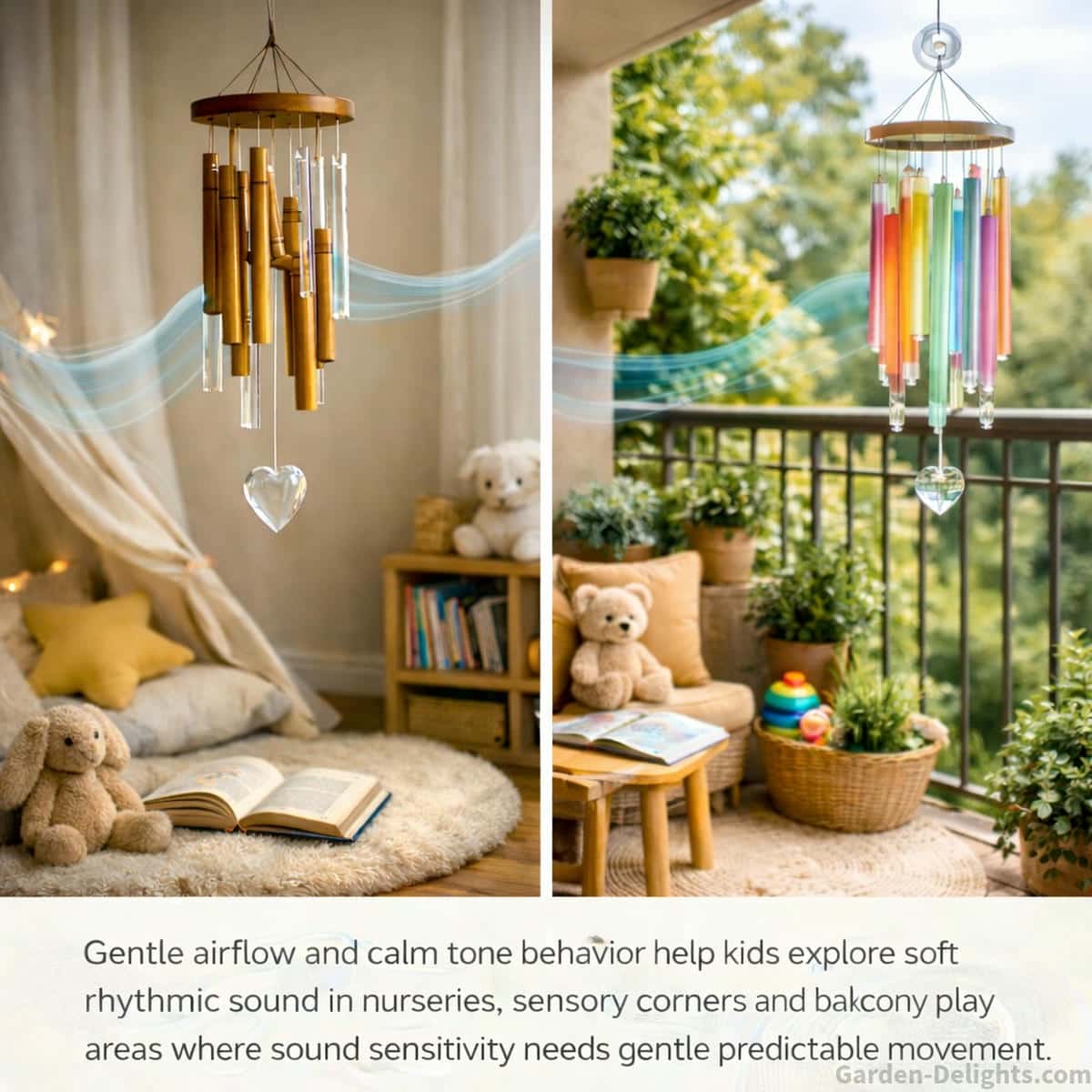 Kids wind chimes showing gentle airflow movement with bamboo and resin chimes in a nursery and balcony space designed for calm tone behavior and sound sensitivity support