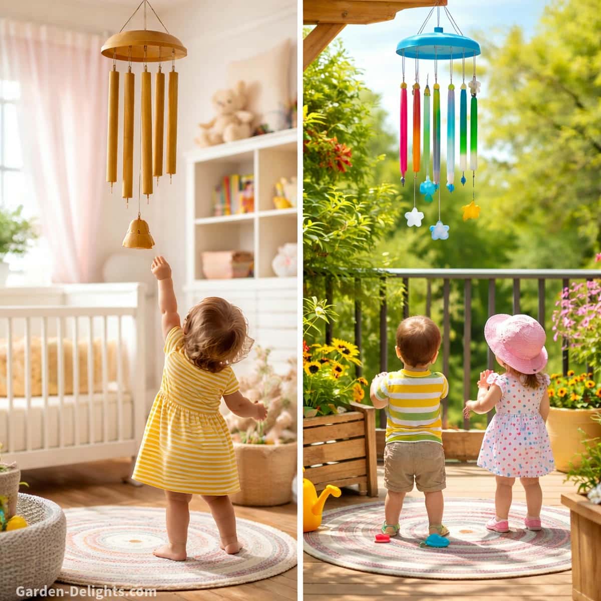 Kids wind chime safety setup showing proper hanging height in a nursery and balcony where bamboo and resin chimes move in gentle airflow above child reach for calm learning and secure outdoor play