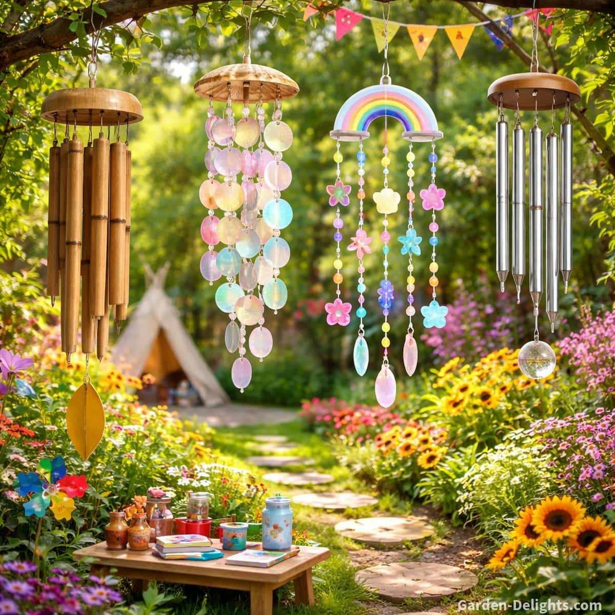 Colorful kids wind chimes made from bamboo, capiz, pastel acrylic and metal rods displayed in a vibrant sensory play garden where airflow, tone and motion show how each material shapes comfort, rhythm awareness and early learning