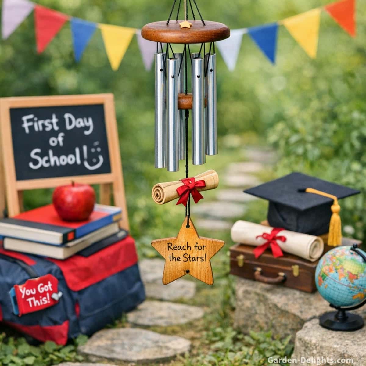 School milestone wind chimes hanging above a first day of school garden scene with books, backpack, graduation cap, diploma scrolls and encouraging milestone décor
