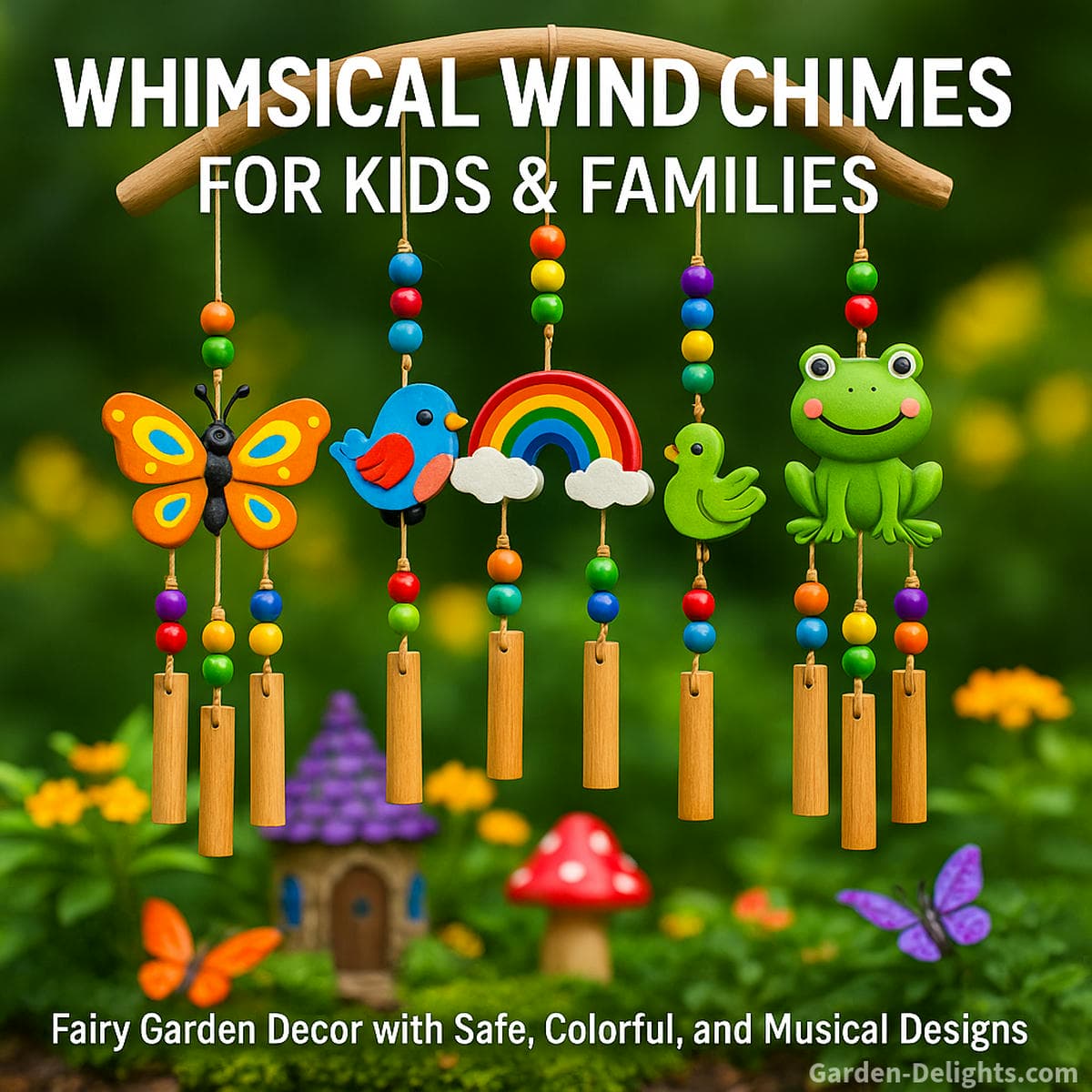 whimsical wind chimes in kids garden play area