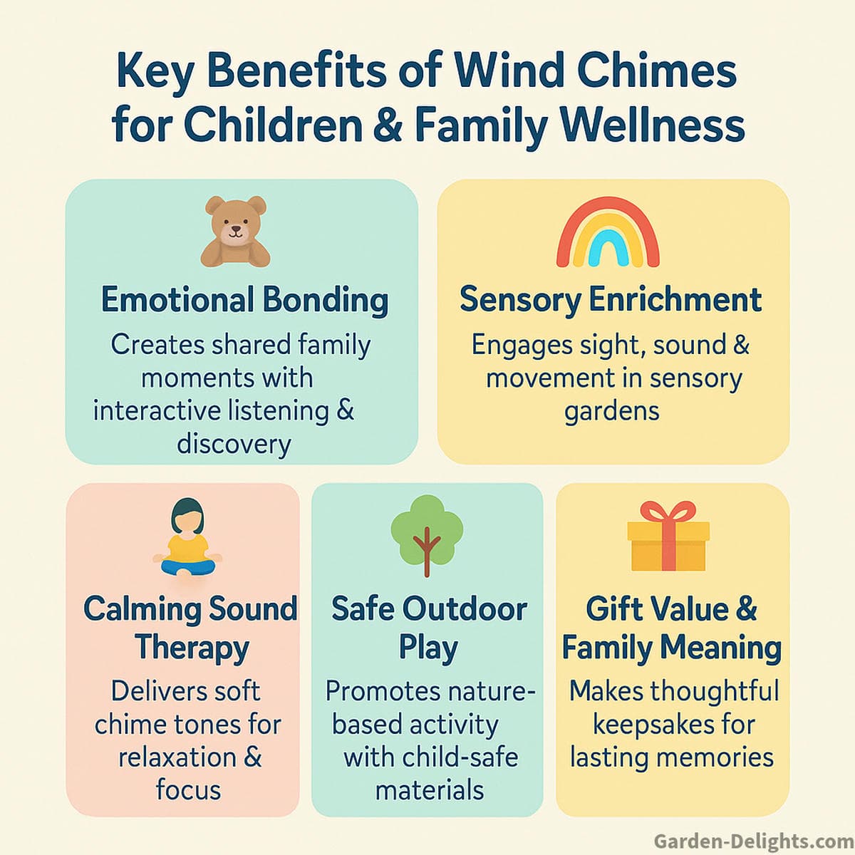 Illustrated infographic showing the top 5 benefits of whimsical wind chimes for children and families including emotional bonding, sensory enrichment, and calming sound therapy.