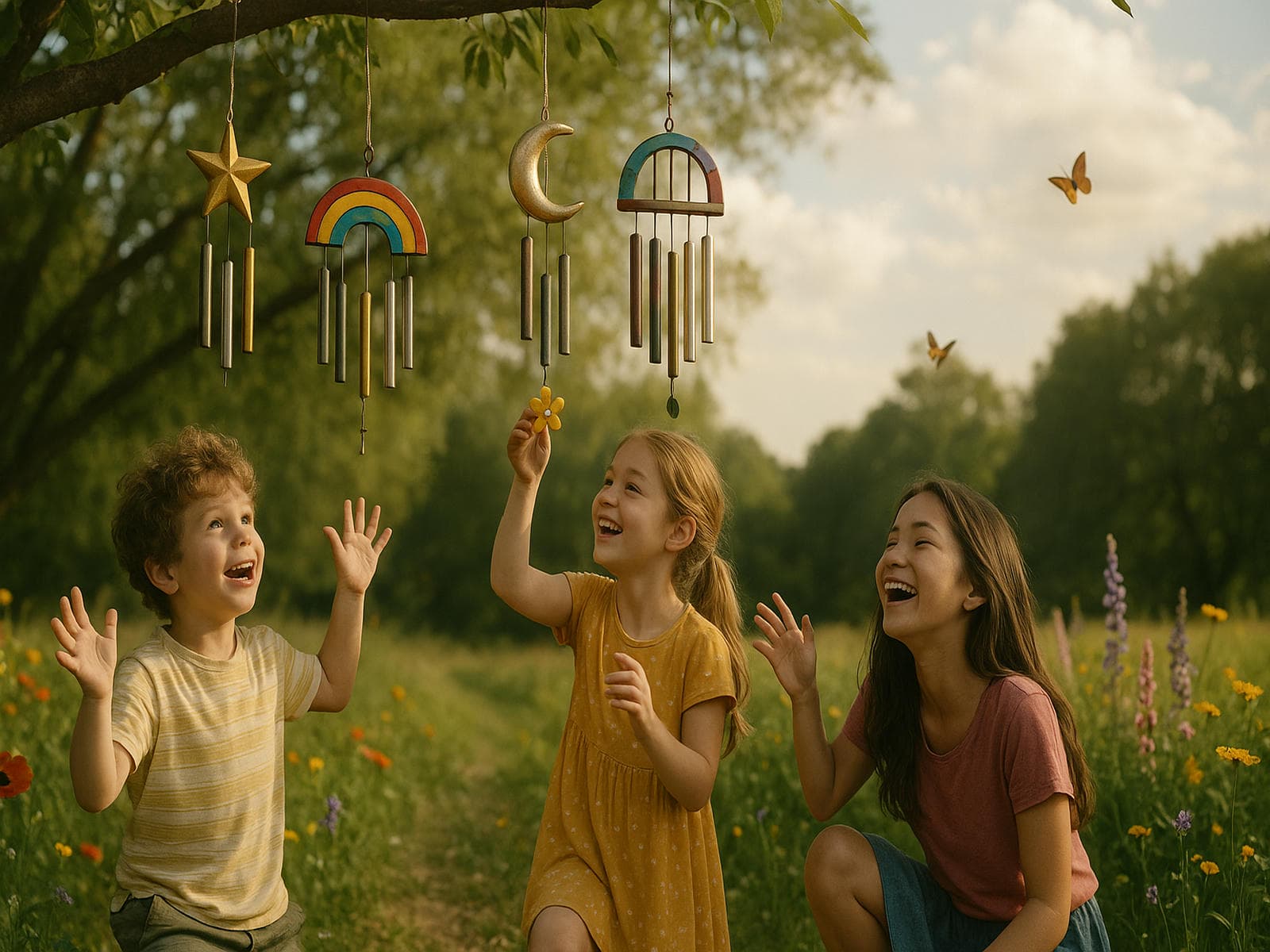Children joyfully playing under whimsical wind chimes in a colorful backyard filled with wildflowers, sunlight, and laughter, perfect for family friendly outdoor decor and playful garden inspiration.