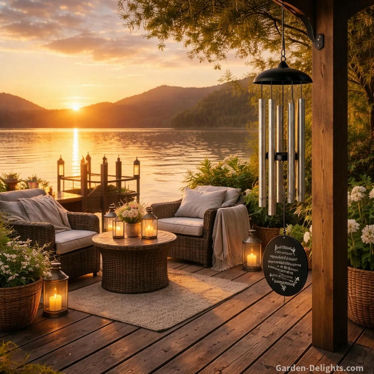 Aluminum birthday memorial wind chime with a gentle heavenly birthday message hanging on a quiet lakeside dock in warm golden hour light where soft movement calm ripples and warm tone create emotional comfort spiritual closeness and healing presence for family remembrance pet birthday honor and engraved tribute rituals