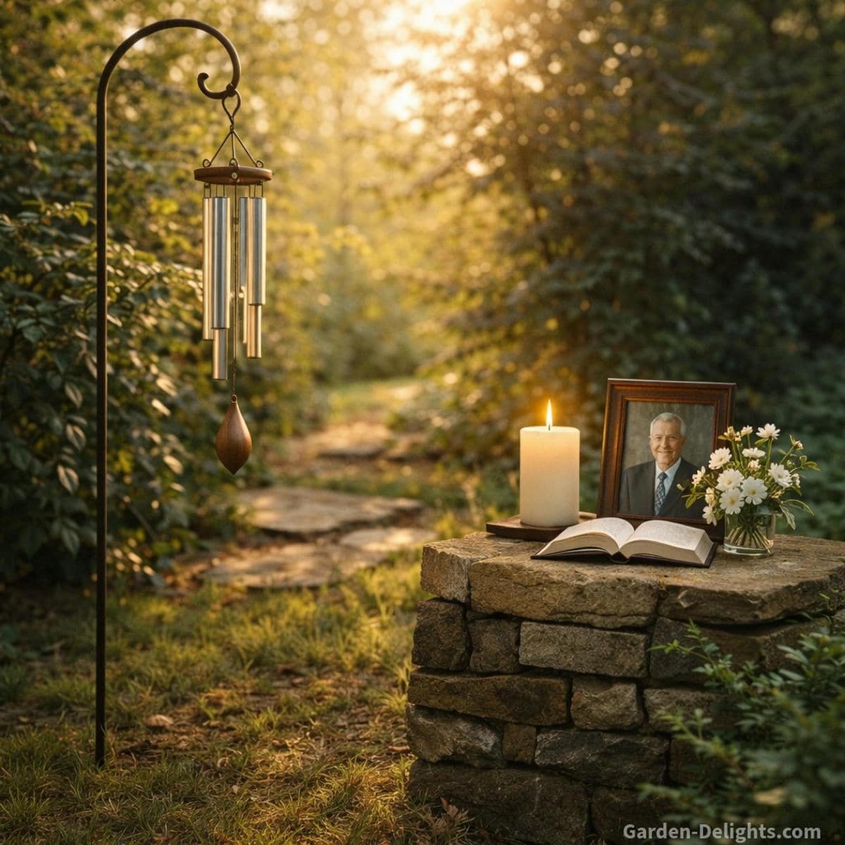 Feng Shui aligned memorial wind chime in the East for renewal the West for legacy, the Southwest for emotional healing and a calm Chi pathway with warm garden light and a symbolic memory altar that supports grief healing spiritual comfort and gentle remembrance