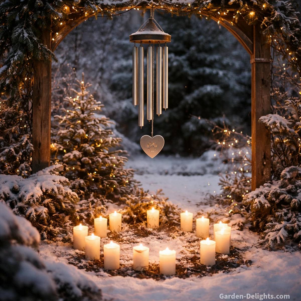 Holiday memorial wind chime hanging above a winter garden candle circle with soft snow warm light and gentle movement creating emotional comfort spiritual remembrance and seasonal healing during Christmas Mother’s Day and Father’s Day moments