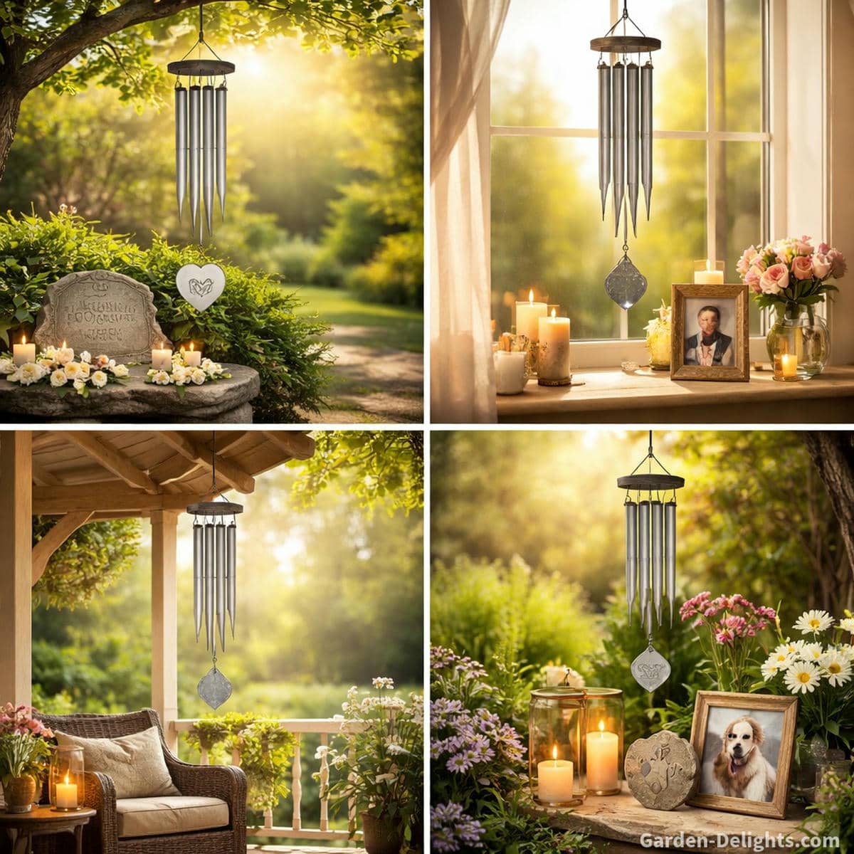 Memorial wind chimes placed for emotional closeness grief anniversaries honoring a parent healing after pet loss and creating daily reflection rituals with gentle airflow warm morning light and symbolic garden and window arrangements