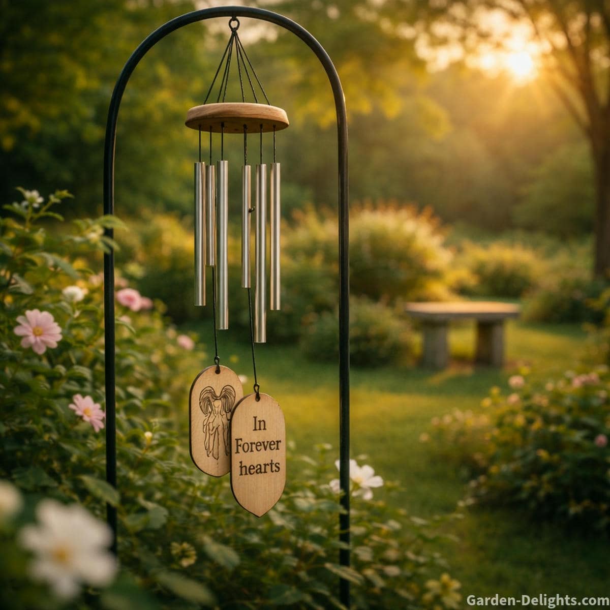 Memorial wind chime moving in gentle garden airflow with warm light and soft tone that awakens memory supports emotional healing guides breath and creates spiritual comfort