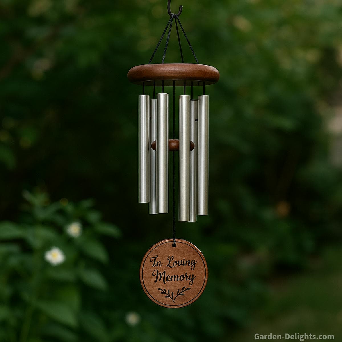 Memorial wind chimes hanging above a wooden bench in a butterfly garden, evoking peace, reflection, and remembrance