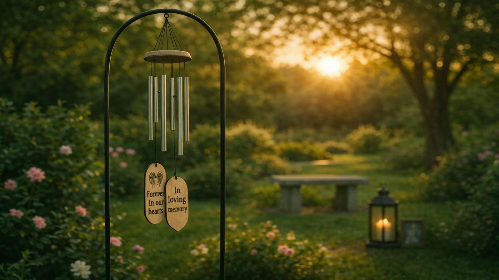 Memorial and sympathy wind chimes hanging peacefully in a serene garden at golden hour with engraved messages angel wings and gentle flowers creating a quiet remembrance gift scene that offers emotional healing tender comfort and soft reflective connection after loss
