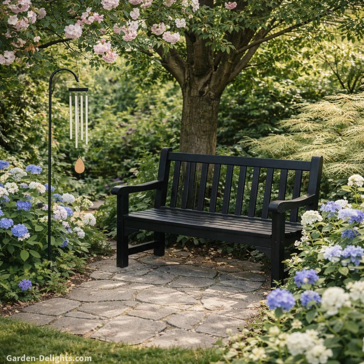 Memorial wind chime on a shepherds hook beside a black garden bench surrounded by blue and white flowers soft filtered light steady airflow and calm tone movement that support grief healing emotional grounding gentle Chi flow and peaceful Feng Shui energy