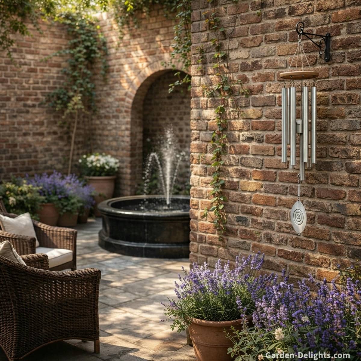 Memorial wind chime hanging on a brick courtyard wall beside lavender terracotta pots a black stone fountain wicker chairs and soft warm light that creates emotional grounding spiritual blessing energy flow remembrance comfort and gentle healing intention