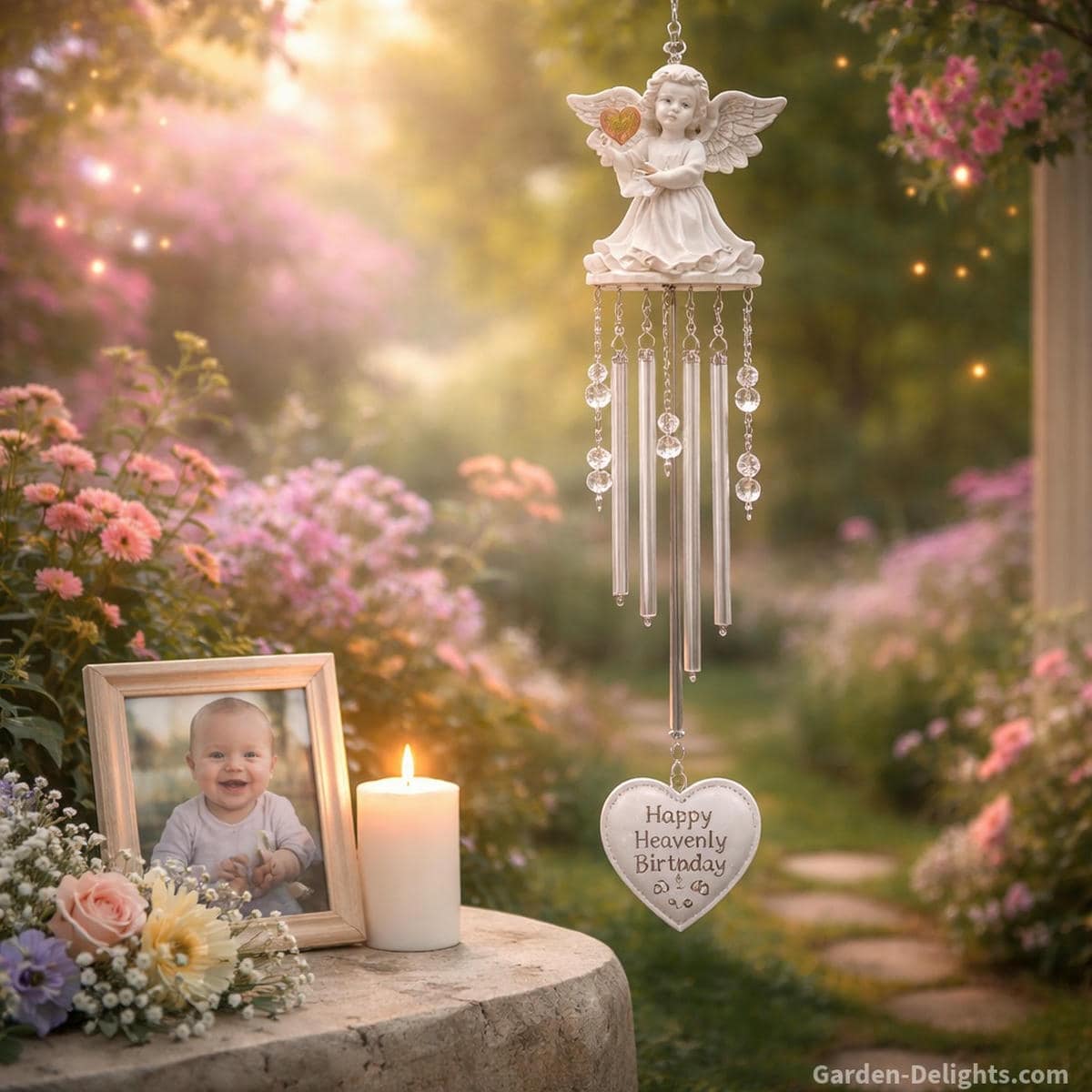 Child memorial wind chime beside soft pastel garden light with gentle tone warm spiritual presence and angel baby symbolism for a heavenly birthday remembrance