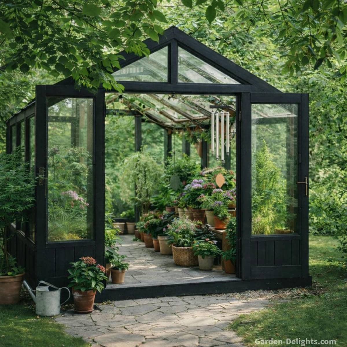 Memorial wind chime hanging inside a black frame greenhouse doorway with soft indoor to outdoor airflow light grey stone pathway warm daylight and gentle plant movement that supports grief healing emotional grounding and a calm remembrance soundscape
