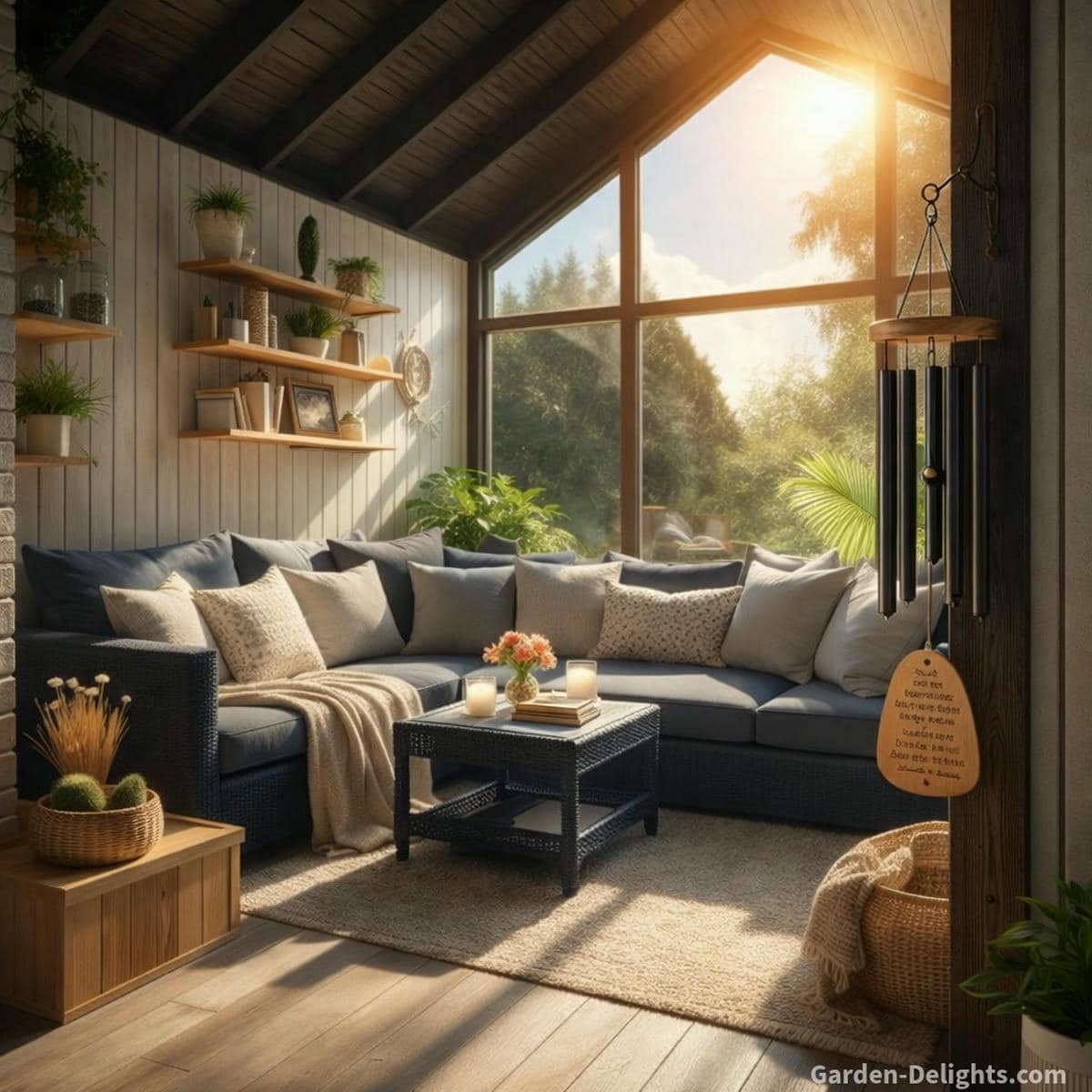 Memorial wind chime for a heavenly birthday hanging in a peaceful sunroom with soft glowing morning light gentle indoor movement warm plants and a comforting emotional presence that supports remembrance rituals and heartfelt birthday reflection