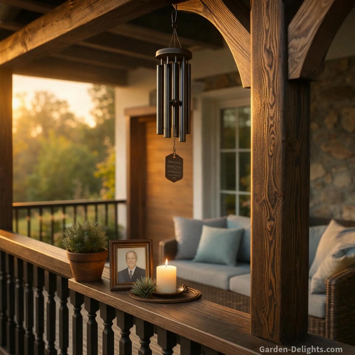Memorial wind chime hanging from a warm porch beam at golden hour with soft glowing light a framed keepsake photo a candle and a small evergreen pot on the porch rail creating an anniversary tribute space for grief rituals heavenly birthdays angelversaries and quiet remembrance moments