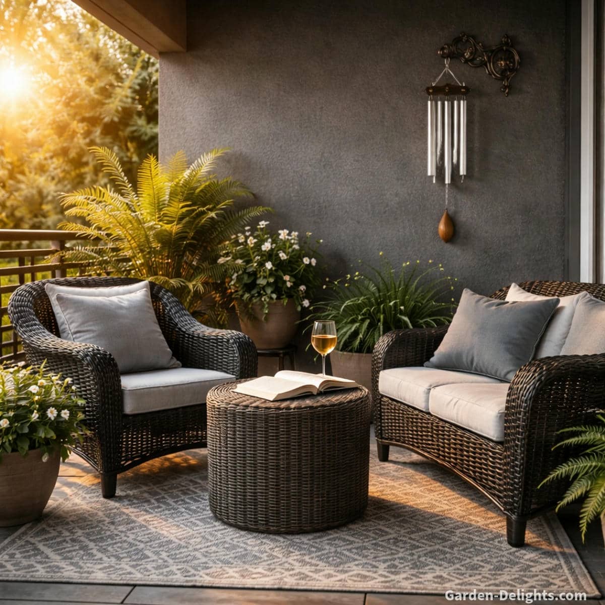 Memorial wind chime hanging from a decorative wall hook beside a peaceful outdoor reading nook with black wicker seating light grey patterned rug open book glass of wine soft natural airflow and warm gentle light that support emotional grounding grief healing spiritual comfort and balanced Chi movement