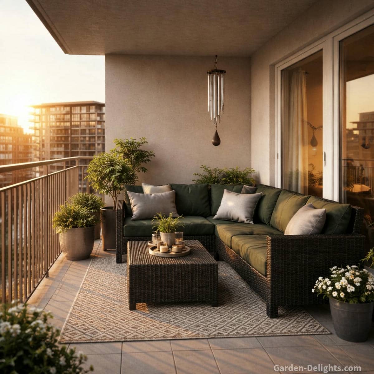 Memorial wind chime hanging on a modern apartment terrace with black wicker seating deep green cushions warm sunset light gentle city airflow and soft tone movement that support grief healing emotional grounding spiritual presence and balanced Chi energy in small space living