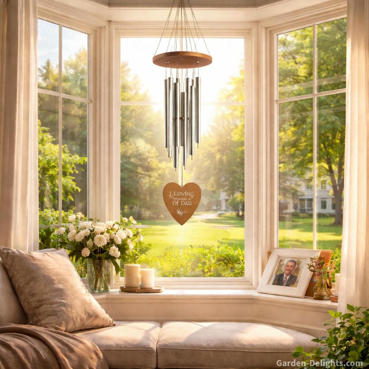 Personalized memorial wind chime hanging inside a warm sunlit bay window with a gentle garden view soft morning light calm airflow and engraved remembrance that brings emotional comfort and healing presence