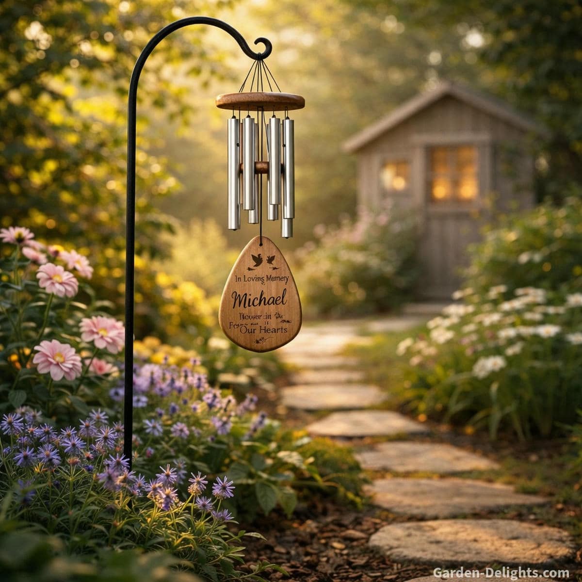 Personalized memorial wind chime hanging from a shepherd’s hook in a quiet memory garden with engraved name soft warm tone gentle sunlight and symbolic elements that support funerals anniversaries heavenly birthdays and daily healing moments