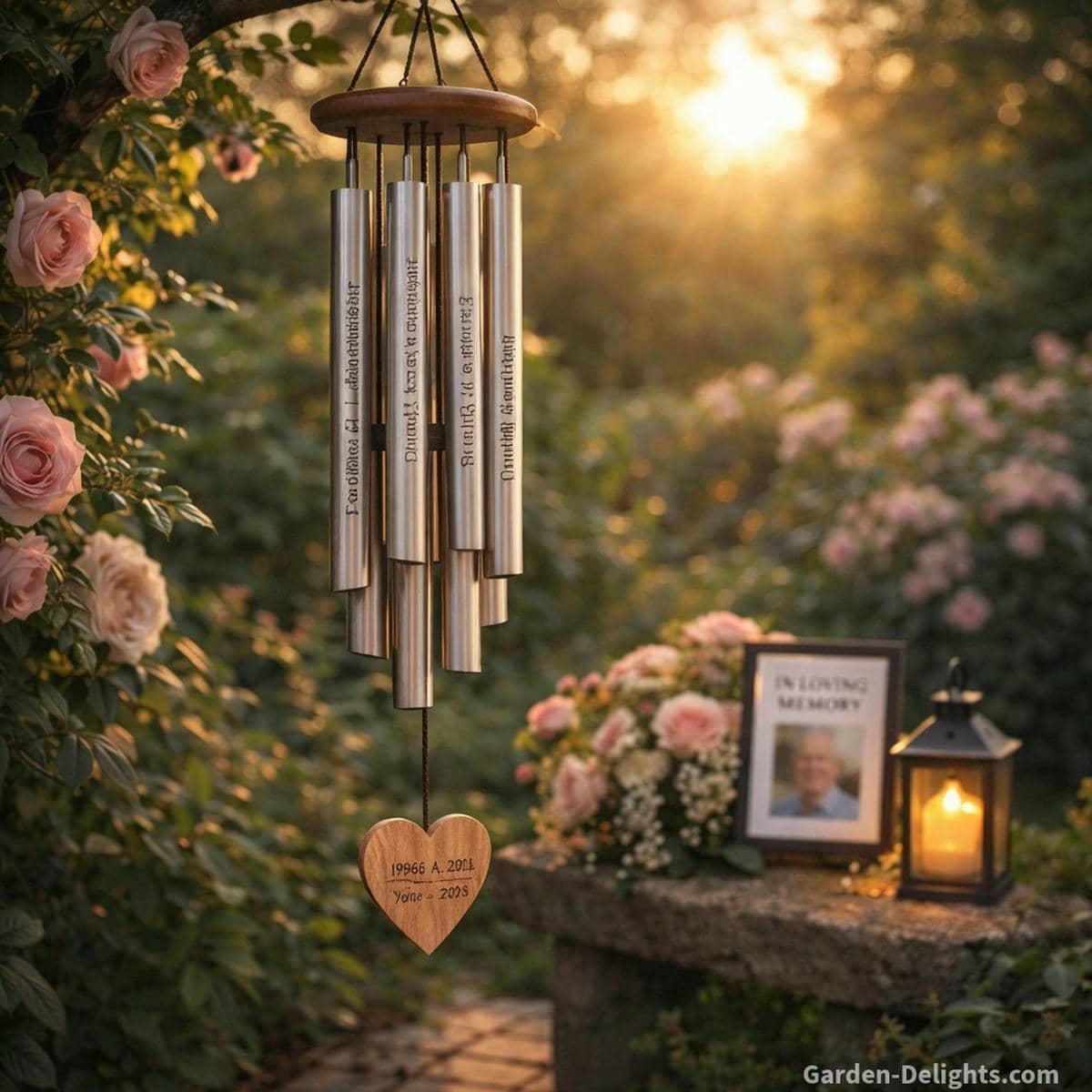 Personalized memorial wind chimes hanging in a peaceful garden remembrance corner where engraved tubes warm evening light and soft natural movement create emotional closeness spiritual comfort and gentle healing for grieving families