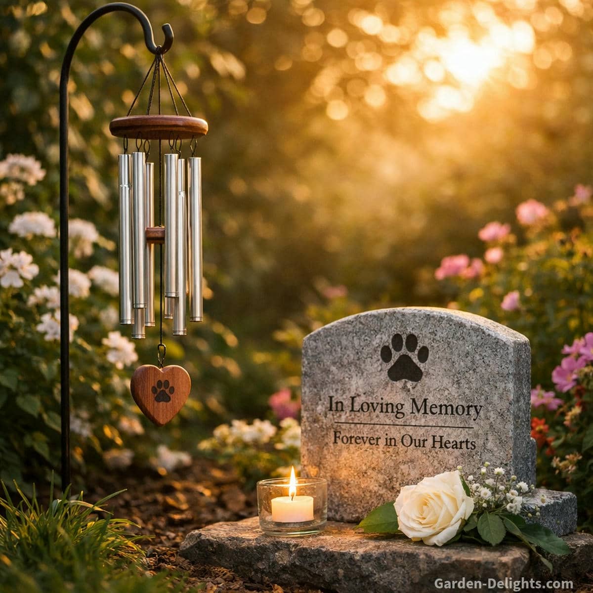 Pet memorial wind chime beside a quiet garden grave marker with warm evening light soft tone gentle airflow and peaceful movement creating a tender remembrance space that honors a beloved pet with emotional comfort and spiritual serenity