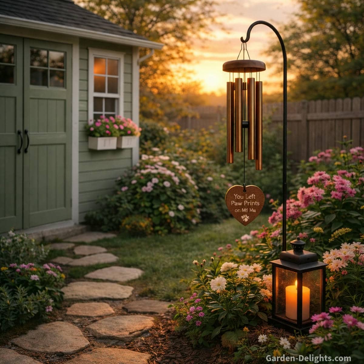 Pet memorial wind chime hanging from a shepherds hook beside a soft green garden shed with flower boxes and golden hour light creating a peaceful remembrance space with gentle flowers symbolic warmth and quiet emotional healing for pet loss