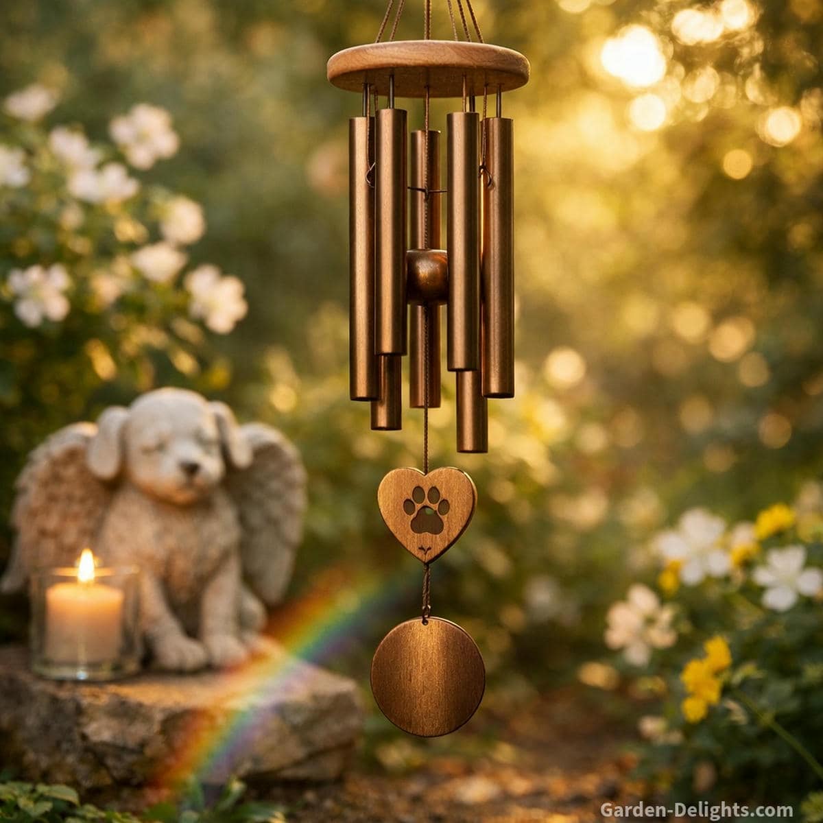 Pet memorial wind chime in soft garden light with warm mid tone resonance gentle airflow movement emotional grounding and healing sound that supports remembrance after pet loss and Rainbow Bridge rituals