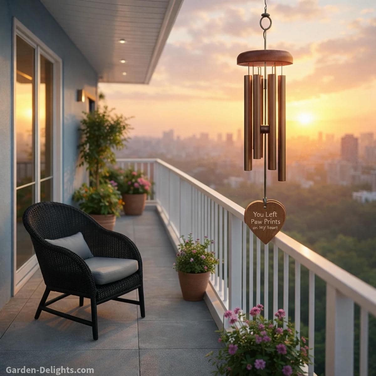 Pet memorial wind chime on a peaceful white terrace at sunset with a black wicker chair soft mid tone resonance gentle airflow movement and warm emotional light that supports grounding breath spiritual comfort and healing after pet loss