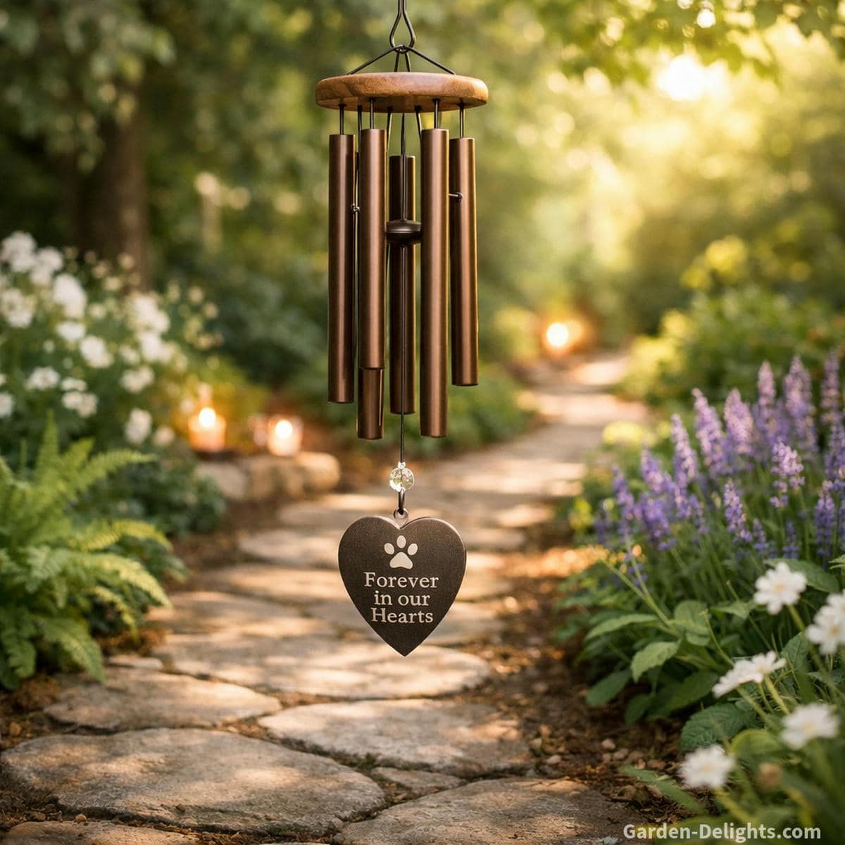 Pet memorial wind chime with warm mid tone resonance along a gentle garden path offering grounding breath emotional calm and soft healing movement after pet loss