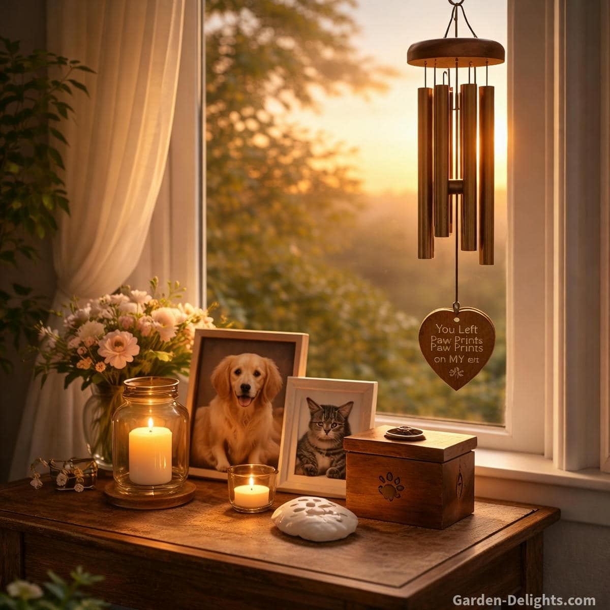 Pet memorial wind chime hanging beside a warm sunset window near a remembrance altar with candles photos and soft healing light that supports Rainbow Bridge ceremonies grief rituals and emotional comfort at home