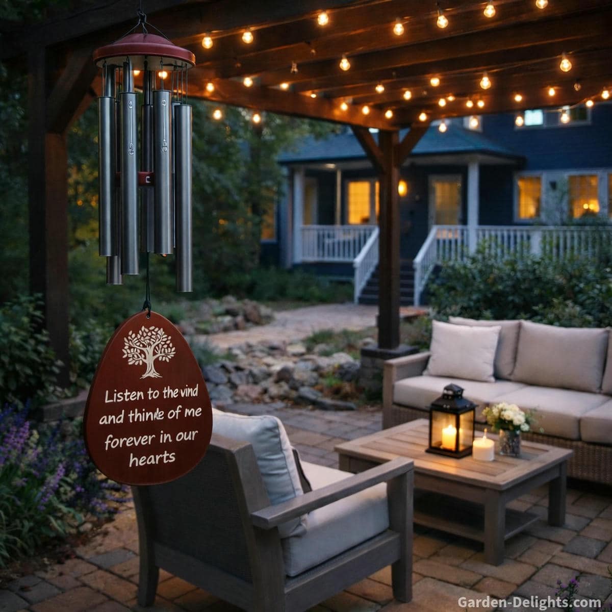 Sibling memorial wind chime hanging beneath a softly lit pergola at dusk where warm lantern glow gentle breeze and soft tone create emotional comfort and heartfelt remembrance on the anniversary of a brother or sister’s passing