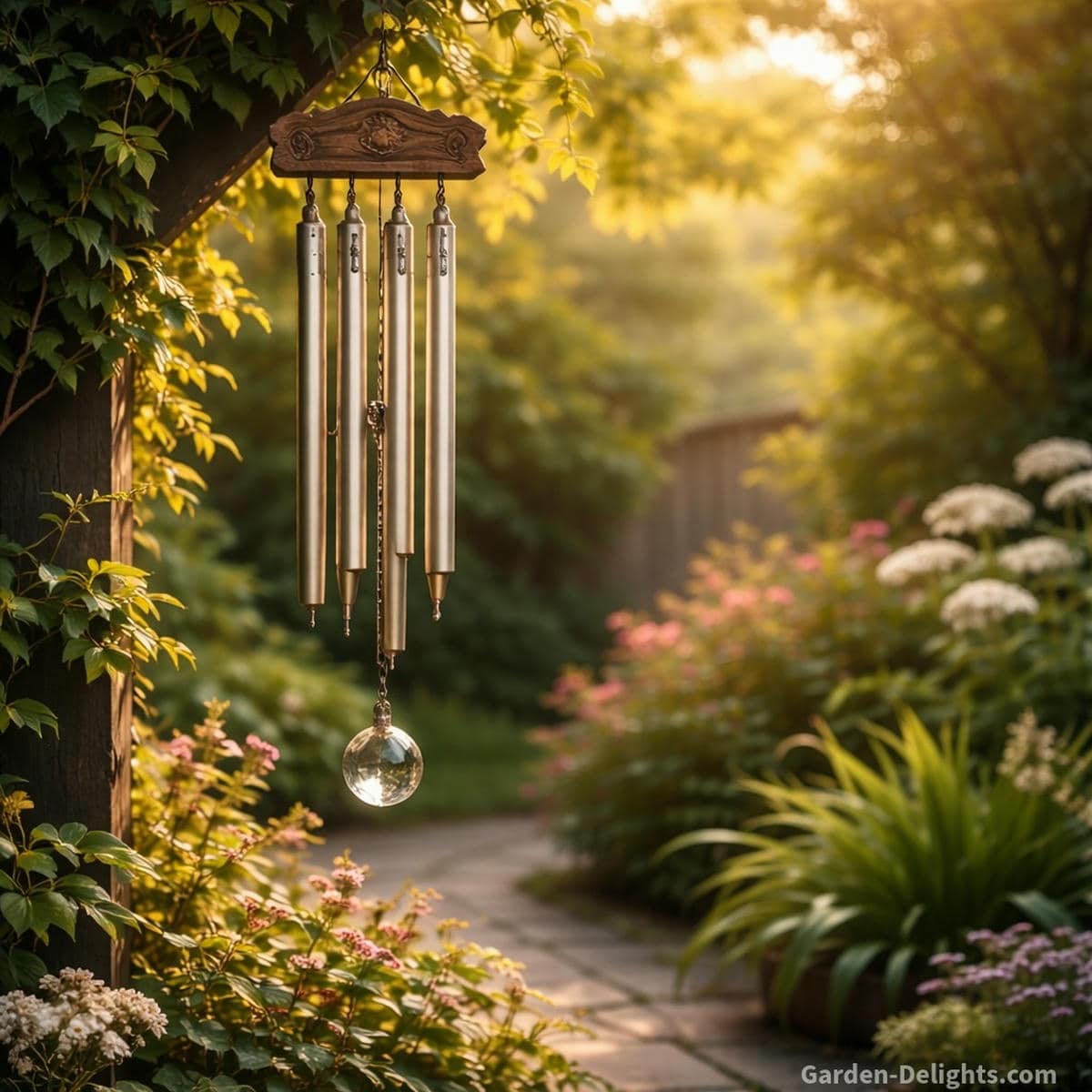 Memorial wind chime in warm garden light with soft tone gentle breeze and steady movement that awakens memory guides breath and supports emotional grounding during quiet healing moments