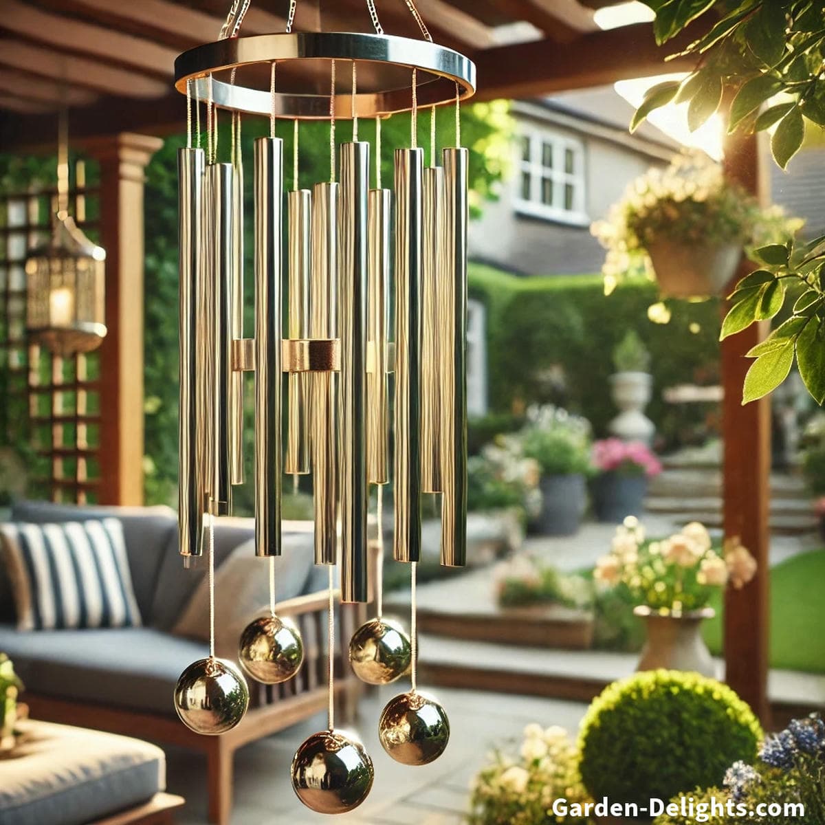Elegant metal wind chimes swaying from a wooden pergola in a peaceful garden symbolizing strength, clarity, and acoustic harmony
