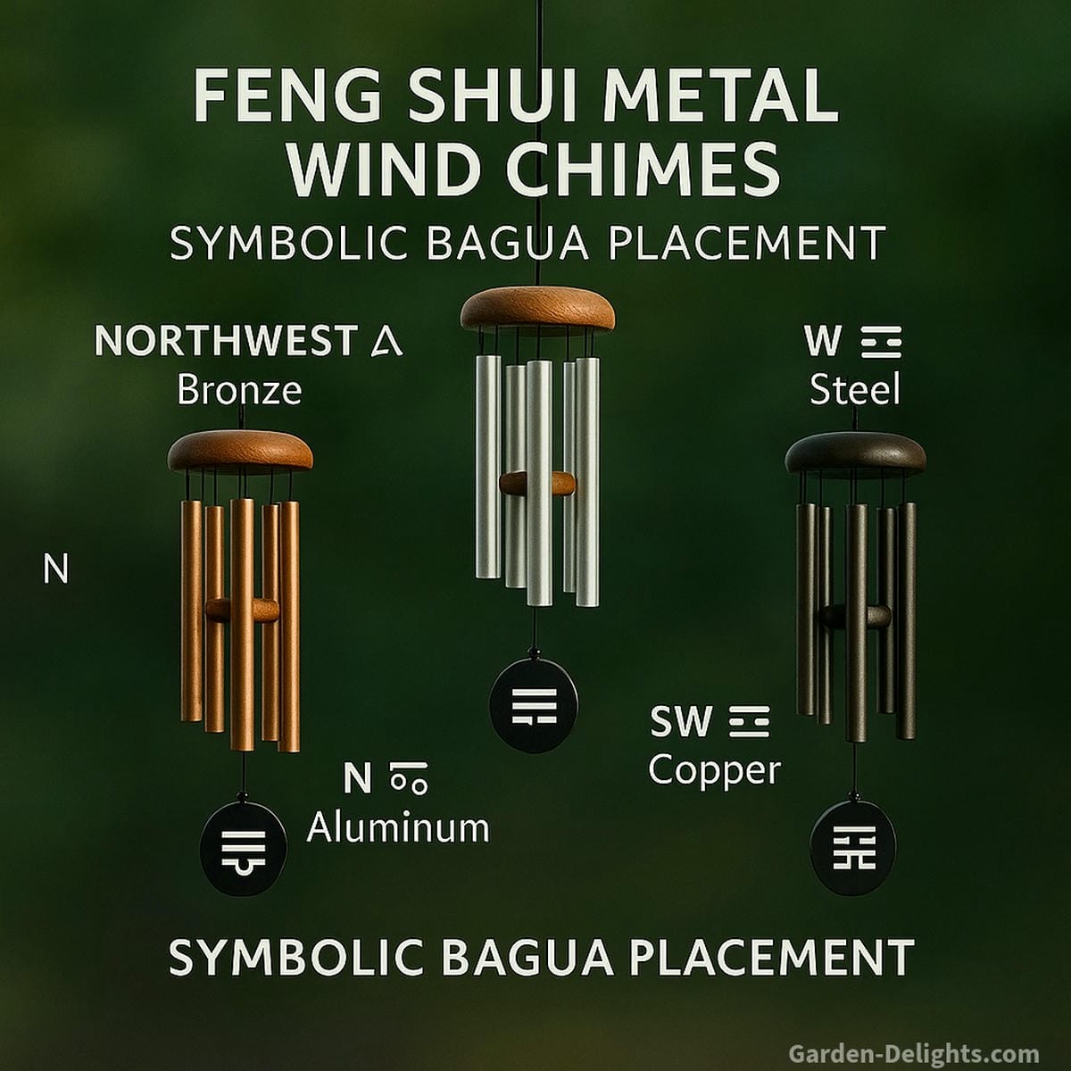 Feng Shui metal wind chimes arranged by Bagua direction bronze in the Northwest, steel in the West, aluminum in the North, and copper in the Southwest to align Chi, emotional harmony, creativity, and spiritual protection.