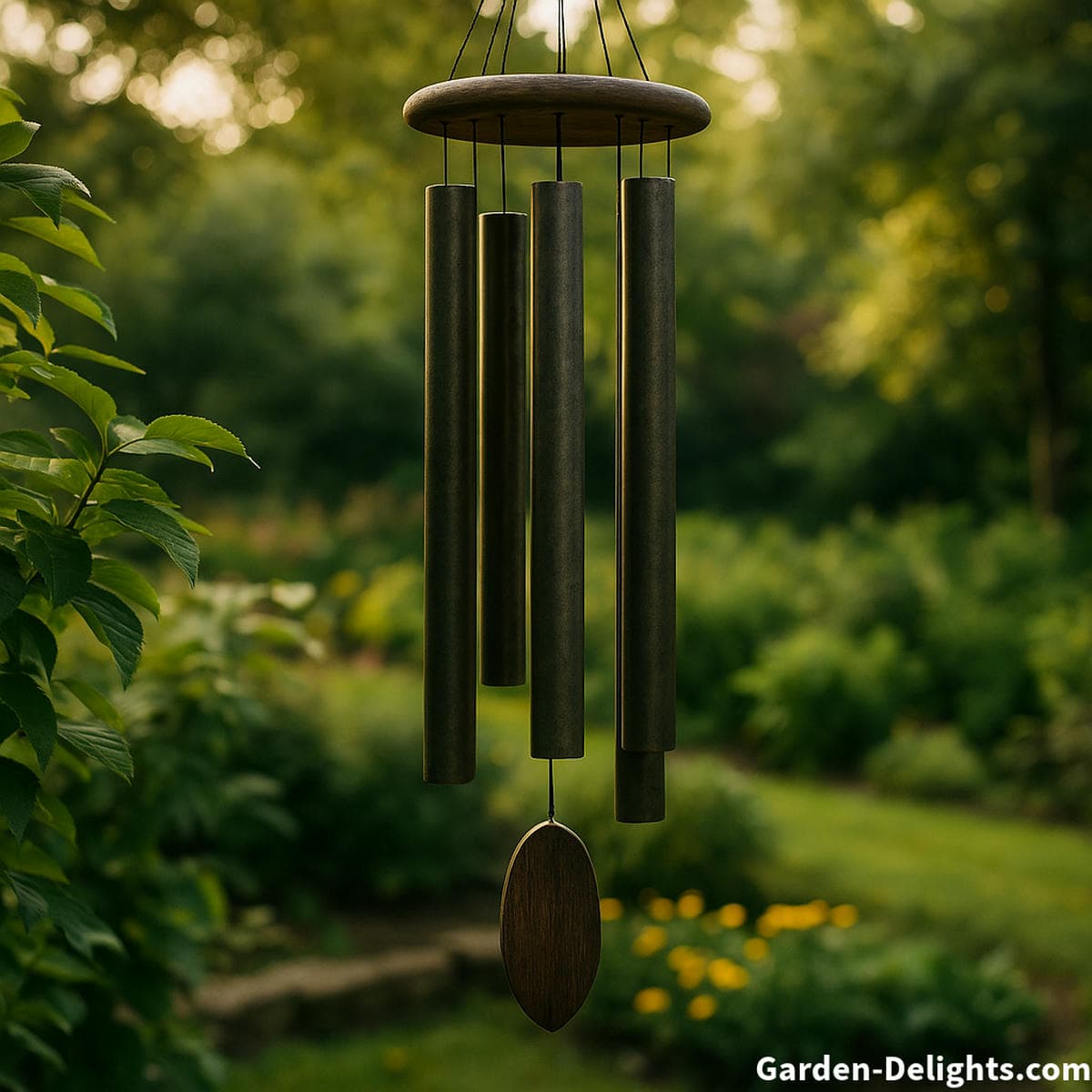 large metal wind chimes in garden