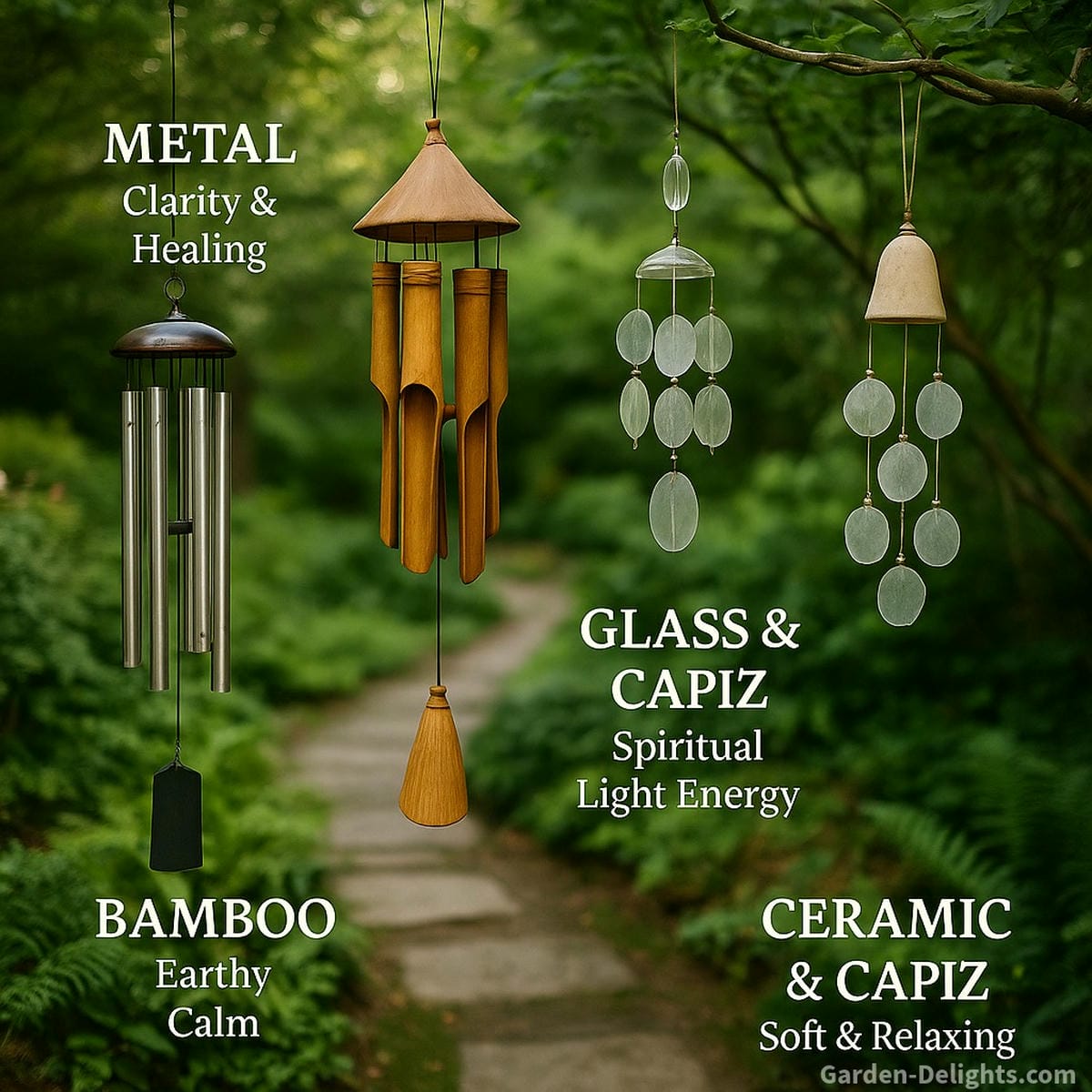 Metal wind chimes beside bamboo, glass, ceramic, and Capiz designs in a serene garden each offering distinct sound energy, tone clarity, and elemental symbolism for outdoor harmony.