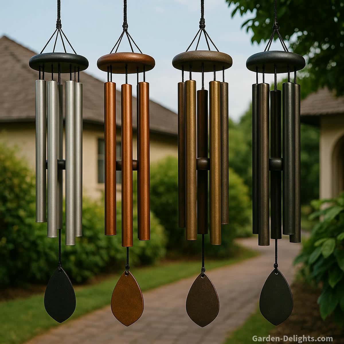 Aluminum, copper, bronze, and steel metal wind chimes swaying in a Feng Shui garden each metal resonating with clarity, grounding, emotional healing, and protective Chi energy.