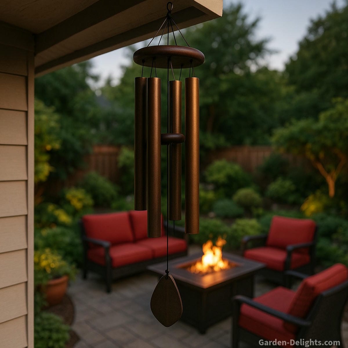 Aluminum and bronze outdoor metal wind chimes hanging from a garage roof corner, overlooking a cozy backyard patio with red furniture, glowing fire table, and peaceful Feng Shui ambiance for reflective tonal layering and meditative acoustic depth.