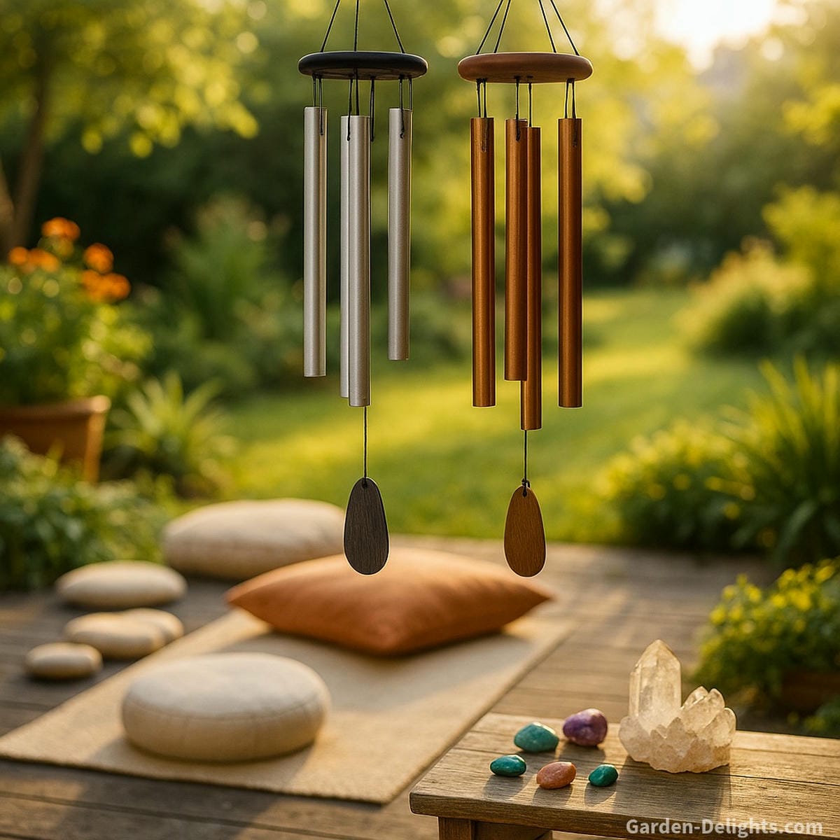 Aluminum and bronze metal wind chimes swaying above a peaceful garden meditation patio surrounded by chakra stones, healing crystals, and soft seating for grounding, clarity, and outdoor spiritual renewal.