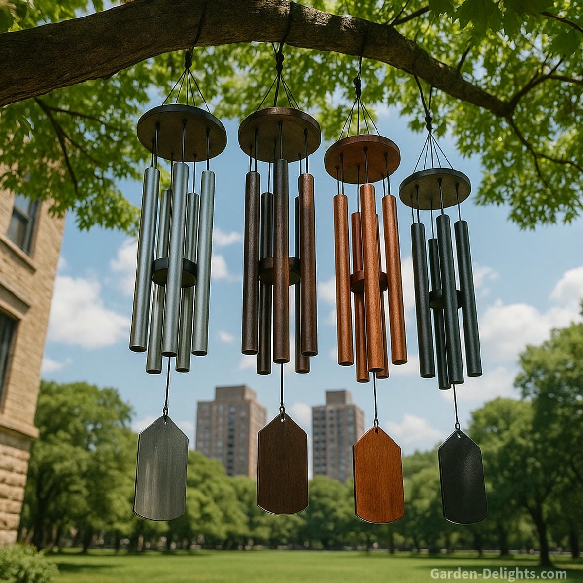 Aluminum, bronze, copper, and steel metal wind chimes hanging from a leafy tree branch in a peaceful city park reflecting sunlight, resonating with grounding tones, and symbolizing clarity, warmth, and emotional balance.