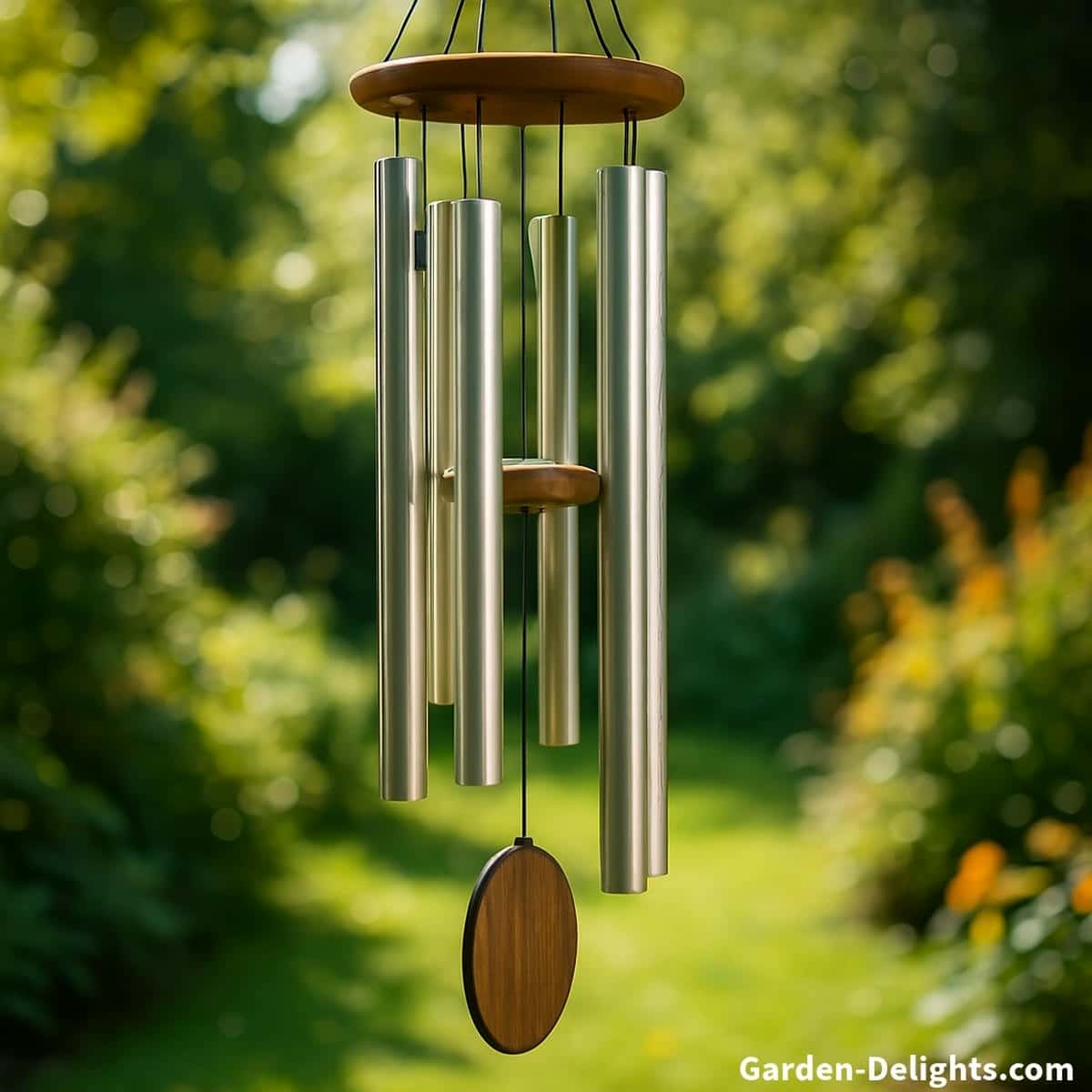 Large metal wind chimes hanging in a sunlit garden, featuring deep resonance aluminum tubes and a wooden striker for soothing outdoor ambiance