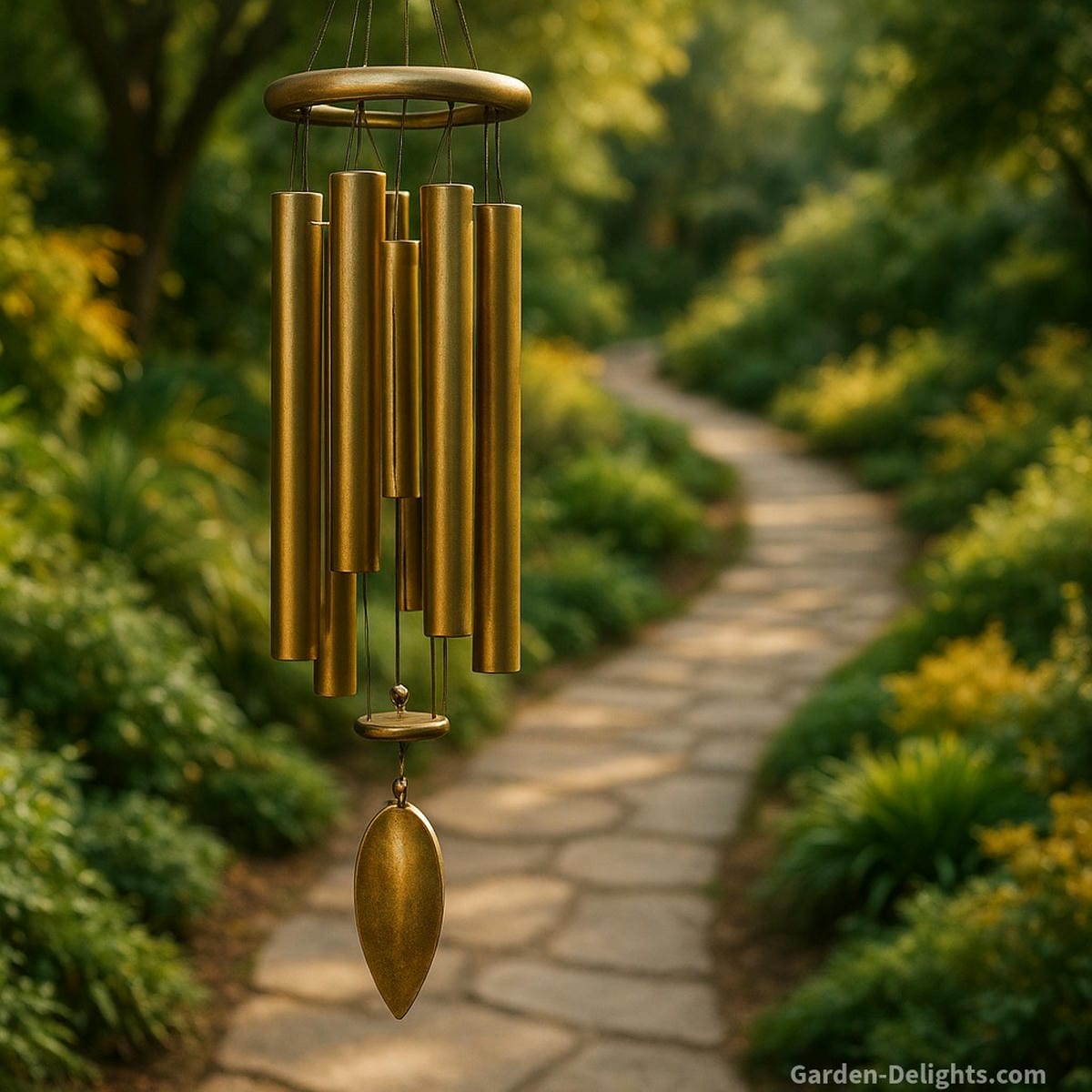 Brass and copper metal wind chimes beside a winding garden pathway radiating symbolic Feng Shui energy, grounding resonance, and spiritual flow through natural outdoor movement.