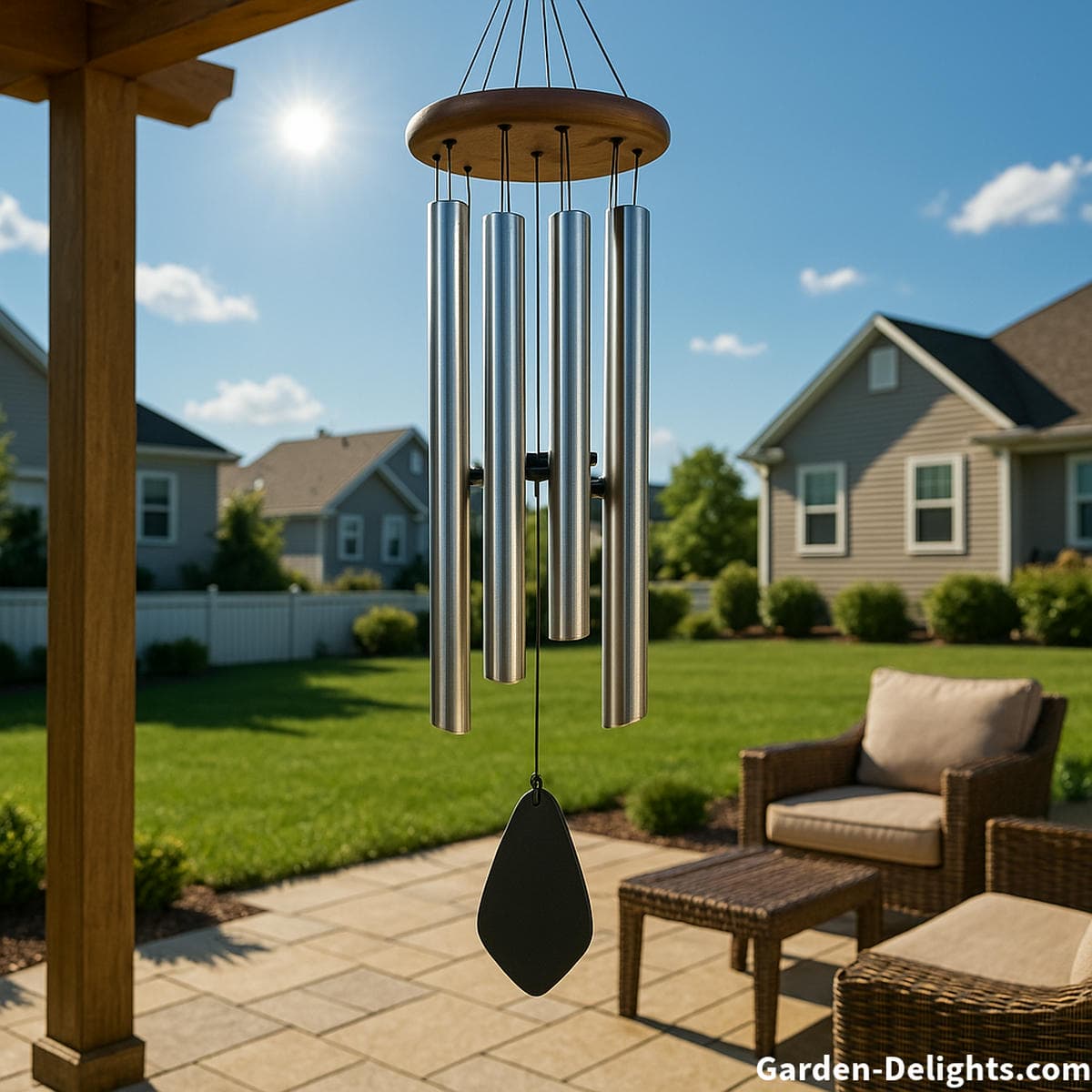 Tuned metal wind chimes on a peaceful suburban patio perfect for backyard meditation, sound therapy, and spiritual energy balancing through seasonal outdoor resonance