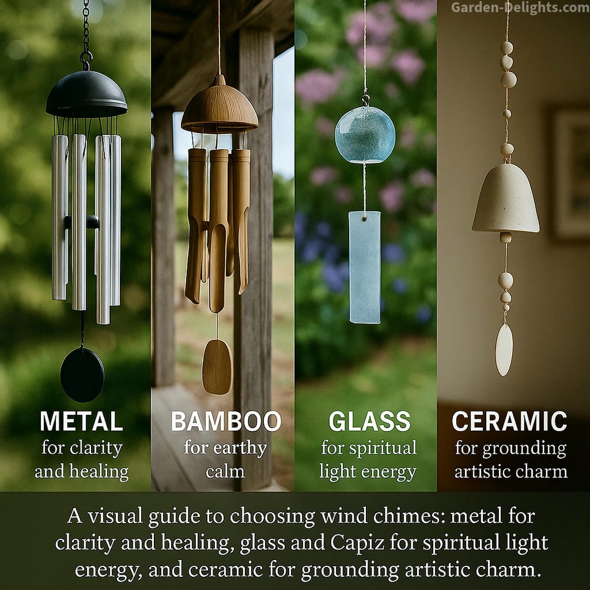 Wind chimes made from metal, bamboo, glass, ceramic, and Capiz shells hanging together in a peaceful garden showing clear differences in tone, emotional resonance, and symbolic energy.