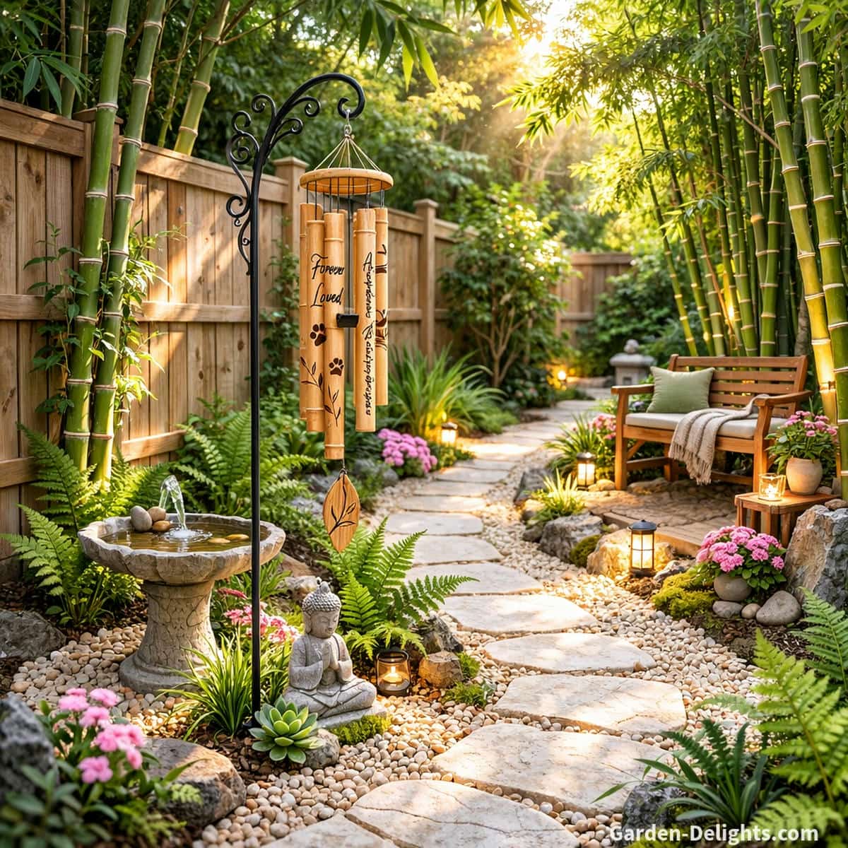 Bamboo memorial wind chime with engraved writing hanging from a decorative shepherds hook beside a quiet light stone pathway a small garden statue and a soft bubbling birdbath near a warm bamboo grove where natural airflow gentle movement and filtered light shape peaceful remembrance and steady emotional grounding