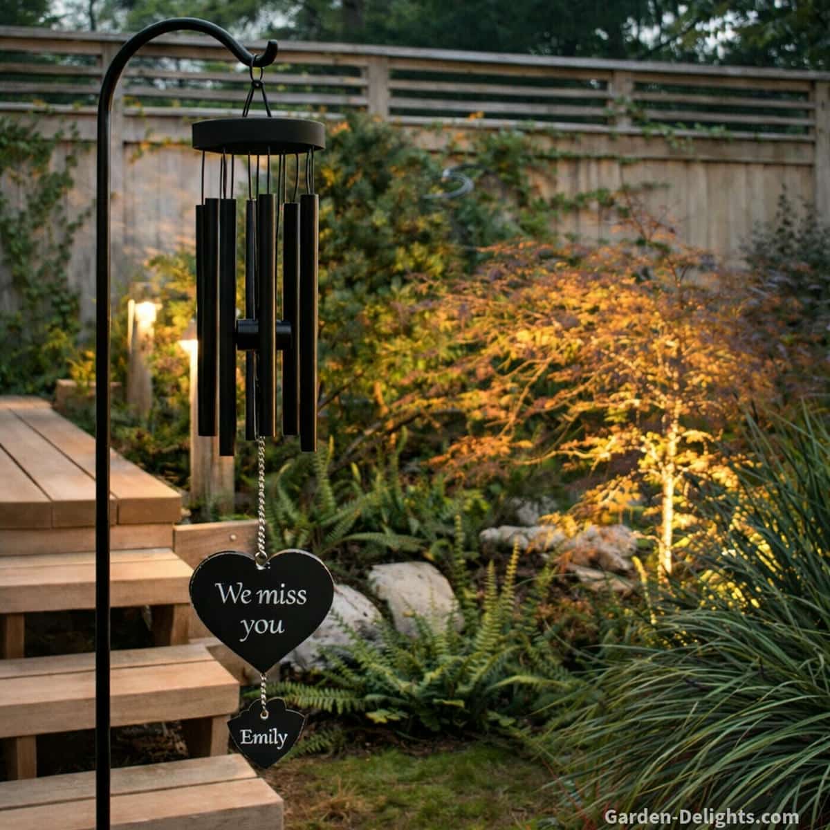 Memorial wind chime with black tubes and a heart shaped wind catcher that reads We miss you and Emily hanging beside softly lit garden steps where warm evening light calm airflow and gentle tone create emotional comfort grief healing and peaceful remembrance in a twilight garden ritual space