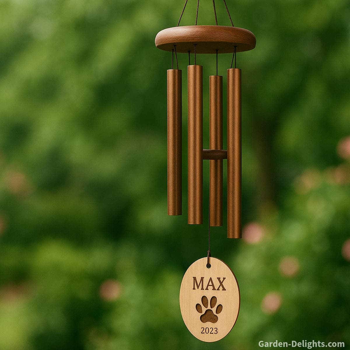 Personalized pet memorial wind chime hanging in a peaceful garden with an engraved paw charm gentle copper tone and a quiet remembrance space that supports healing comfort emotional connection and a heartfelt memorial keepsake