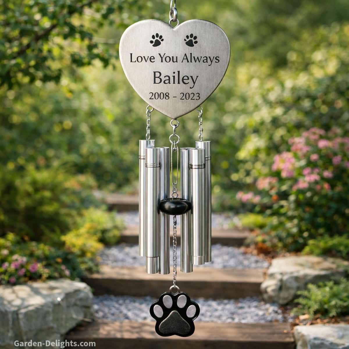 Personalized pet memorial wind chime hanging in soft light where gentle airflow and weather safe placement protect tone clarity and engraved details for long lasting remembrance