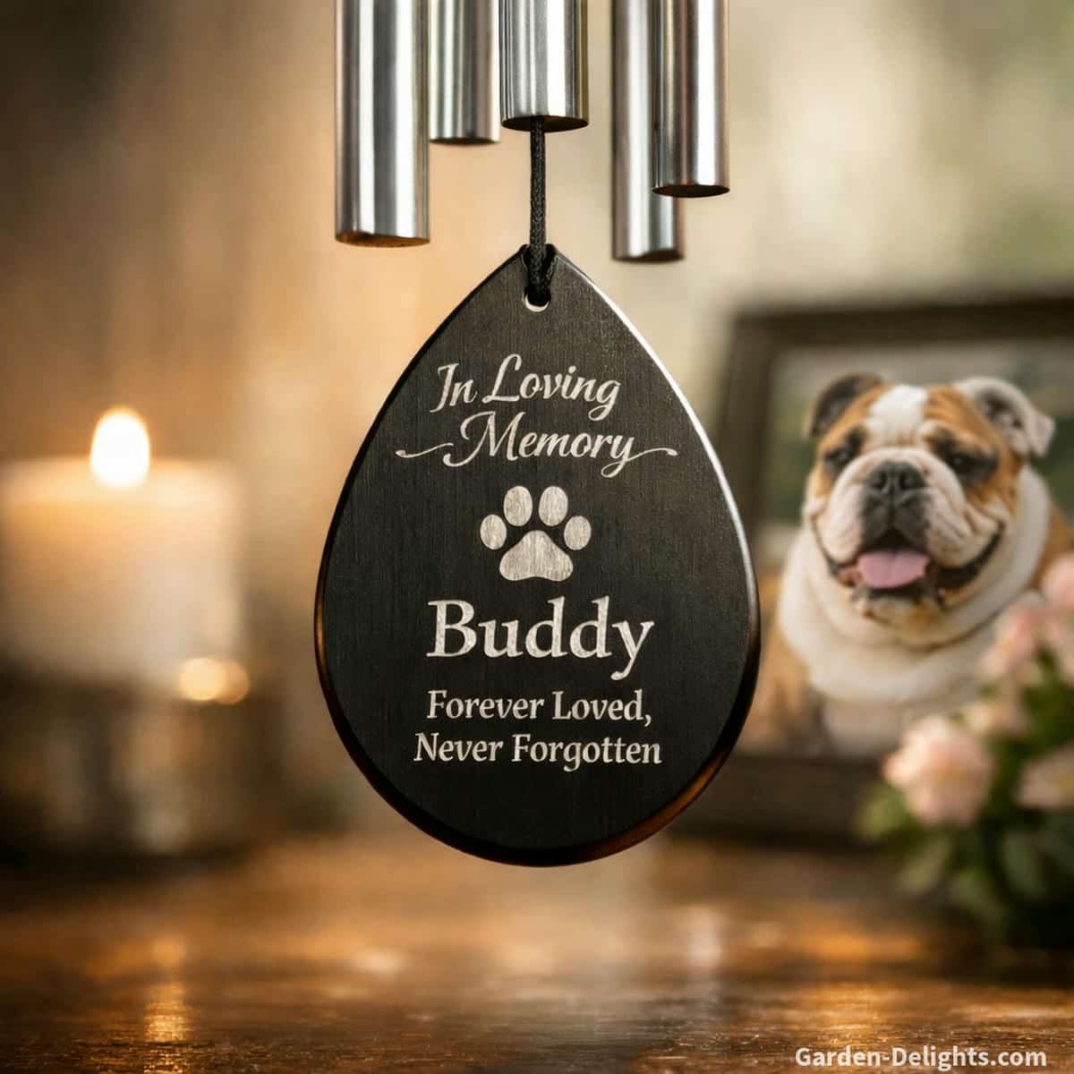 Personalized pet memorial wind chime with engraved name and gentle remembrance quote resting in soft light that supports emotional healing and meaningful tribute